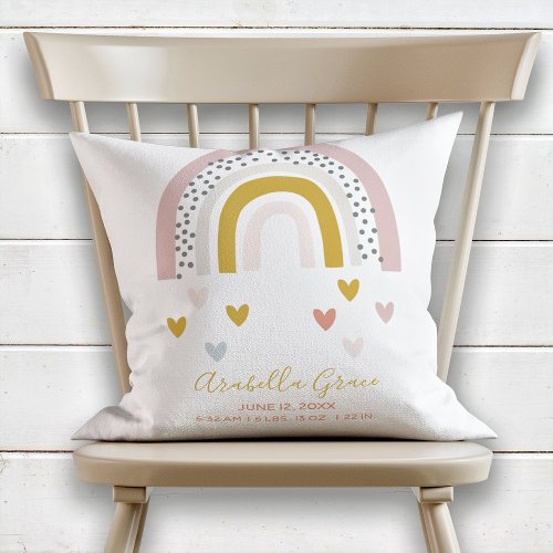 Modern Muted Rainbow Baby Birth Record Throw Pillow