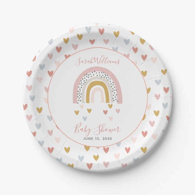 Modern Muted Rainbow Baby Shower Sprinkle Hearts Paper Plates (Front)