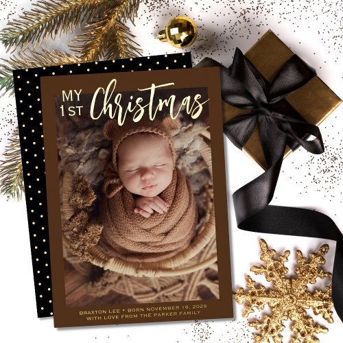 Modern My 1st Christmas Baby Photo Foil Holiday Card