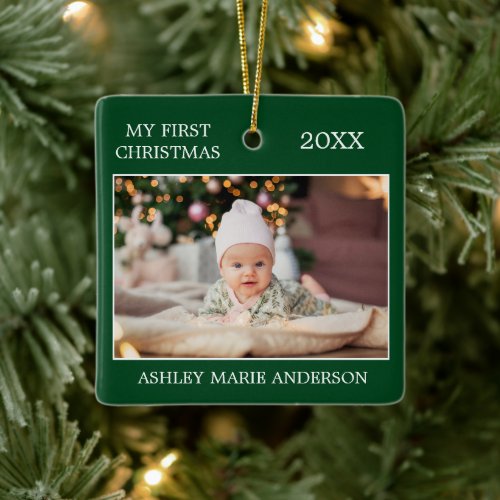 Modern My First Christmas Baby Photo Green Ceramic Ornament