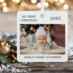 Modern My First Christmas Baby Photo Metal Ornament<br><div class="desc">Modern Elegant My First Christmas Metal Ornament - Baby Photo on front and back</div>