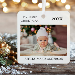 Modern My First Christmas Baby Photo Metal Ornament