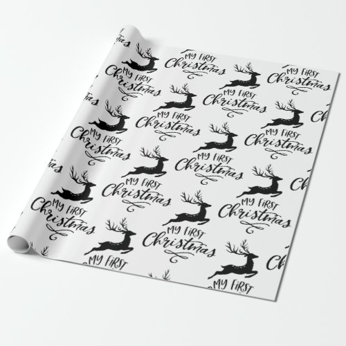 Modern My First Christmas Reindeer Script Pattern  Wrapping Paper