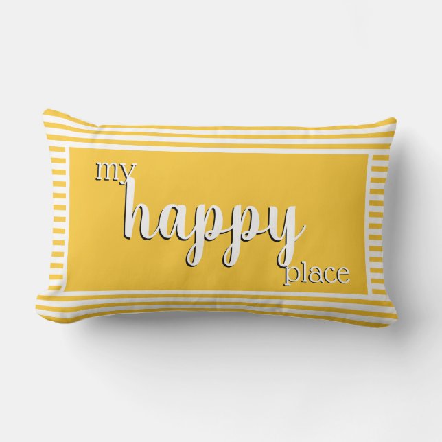 Modern My Happy Place Typography Yellow Stripe Lumbar Pillow (Front)