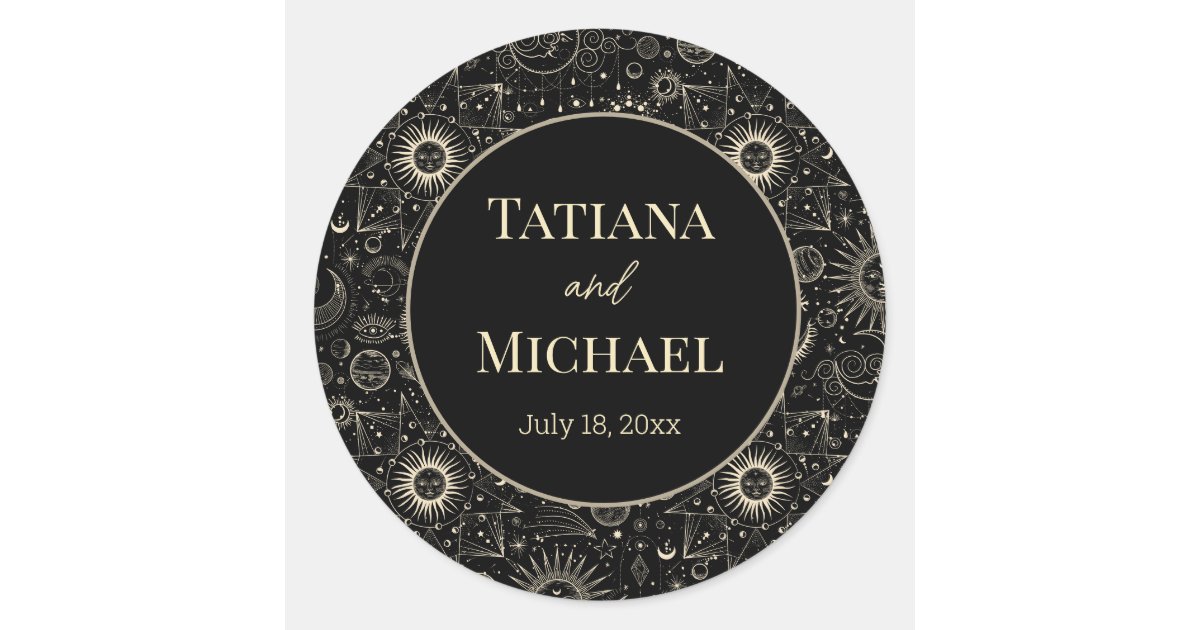 modern mystical celestial black gold chic wedding classic round sticker ...