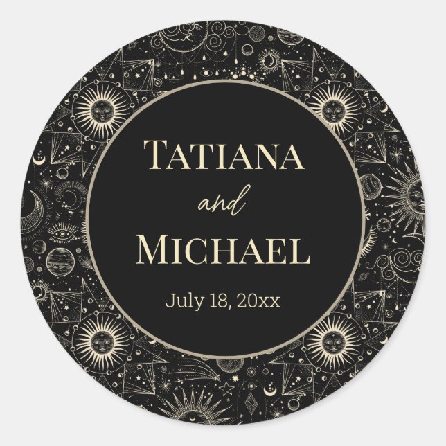 modern mystical celestial black gold chic wedding  classic round sticker (Front)