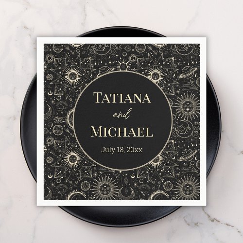 modern mystical celestial black gold wedding  napkins