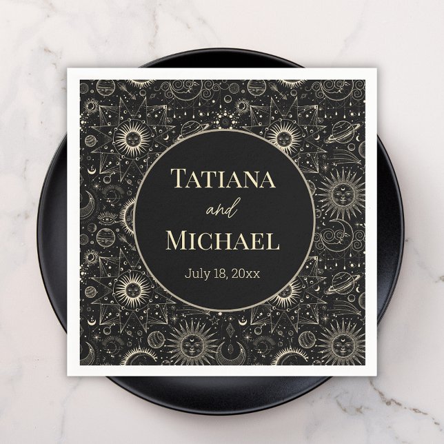 modern mystical celestial black gold wedding  napkins (Creator Uploaded)