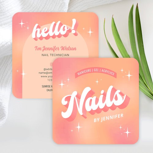 Modern Nail Artist Manicure Groovy Trendy Peach Square Business Card