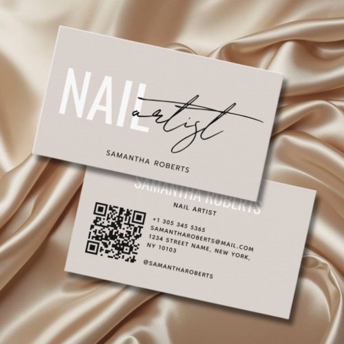 Modern nail artist QR Code beige Business Card