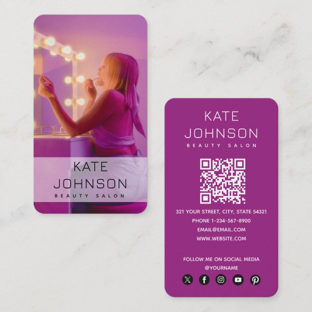 Modern Nail Beaty Salon Makeup Artist Photo Purple Business Card (Front/Back)