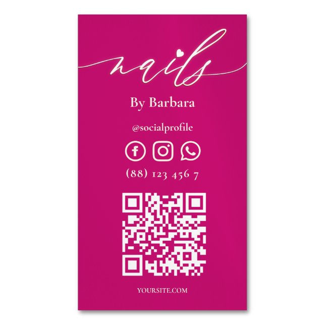 Modern Nail Beauty Salon Hot Pink QR Business Card Magnet (Front Vertical)