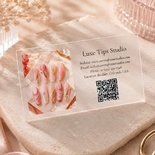 Modern Nail Salon Acrylic Artist QR Code Photo Clear Business Cards