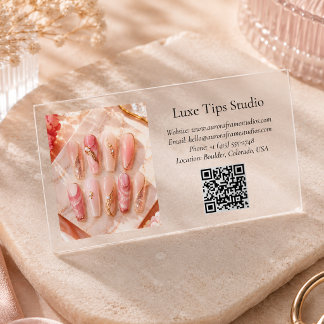 Modern Nail Salon Acrylic Artist QR Code Photo Clear Business Cards