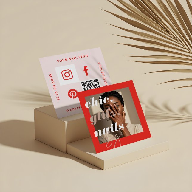 Modern Nail Salon Business Photo Social & QR Code Square Business Card (Modern Nail Salon Business Photo Social & QR Code Square Business Card)