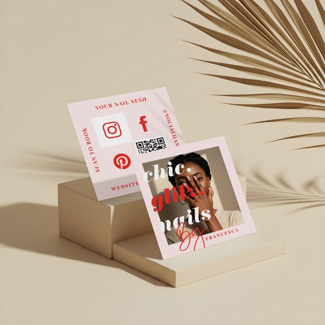 Modern Nail Salon Business Photo Social & QR Code Square Business Card (Modern Nail Salon Business Photo Social & QR Code Square Business Card)