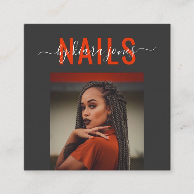 Modern Nail Salon Photo Script Signature Square Business Card (Front)