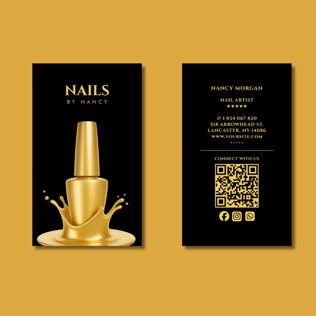 Modern Nail salon QR Code Black And Gold Business Card (Creator Uploaded)