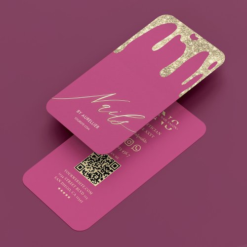 Modern Nail Tech Nail Artist Pink Gold Drip Business Card