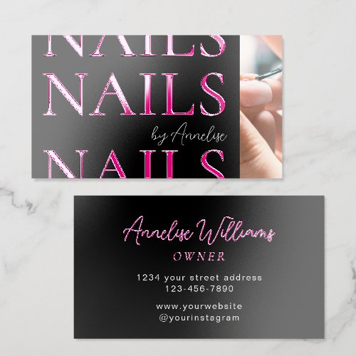 Modern Nails Black Pink Typography Photo Gloss Raised Spot UV Business Card