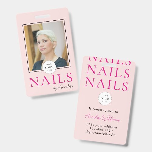 Modern Nails Blush Pink Bold Logo Photo Salon Name Badge