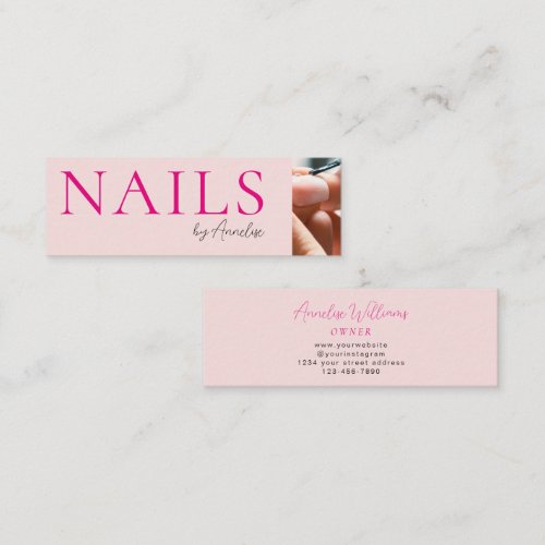 Modern Nails Bold Blush Pink Black Script Photo Mini Business Card