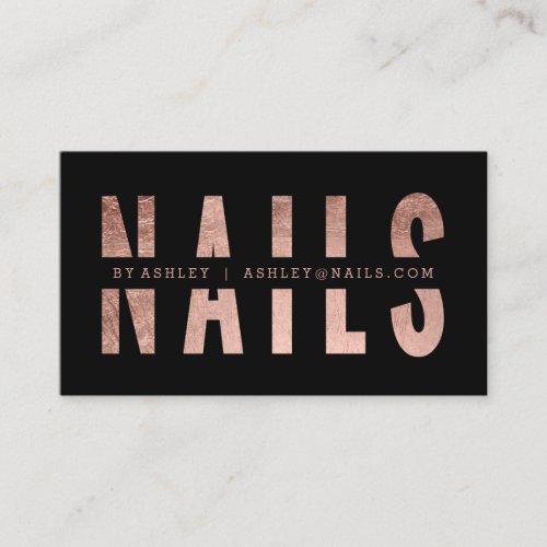 Modern nails cut out rose gold typography black business card