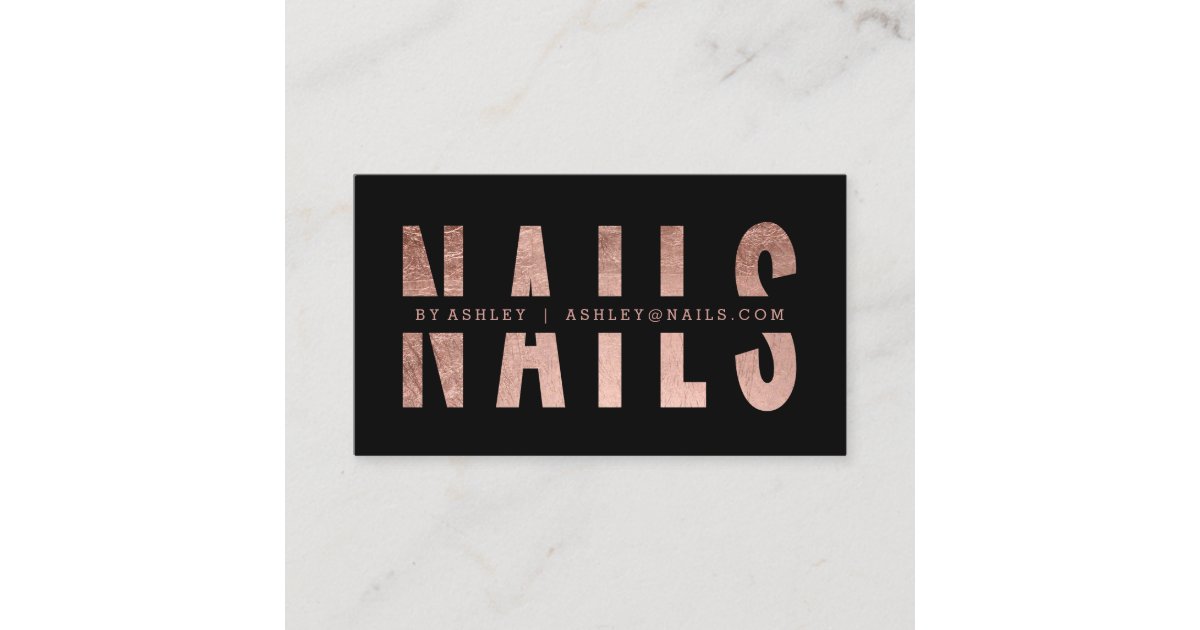 Modern nails cut out rose gold typography black business card | Zazzle