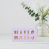 Modern nails cut out rose gold typography lavender business card (Standing Front)