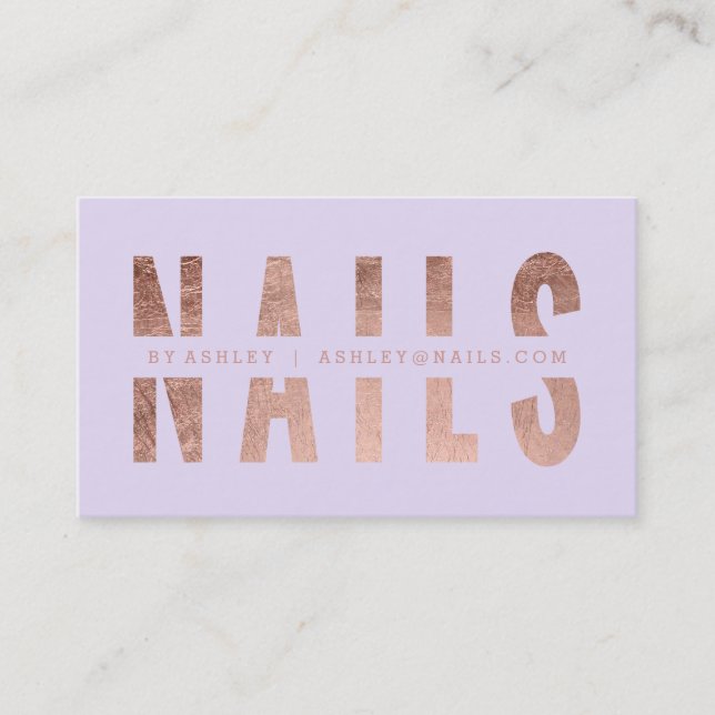 Modern nails cut out rose gold typography lavender business card (Front)