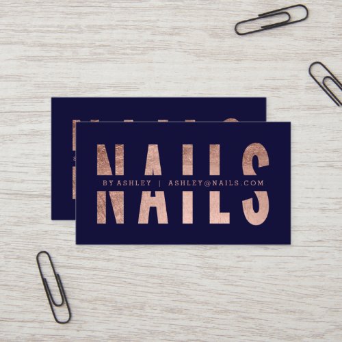 Modern nails cut out rose gold typography navy business card