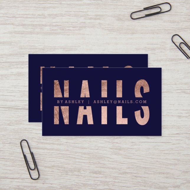 Modern nails cut out rose gold typography navy business card (Front/Back In Situ)