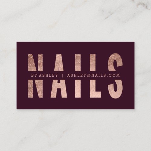 Modern nails cut out rose gold typography red business card