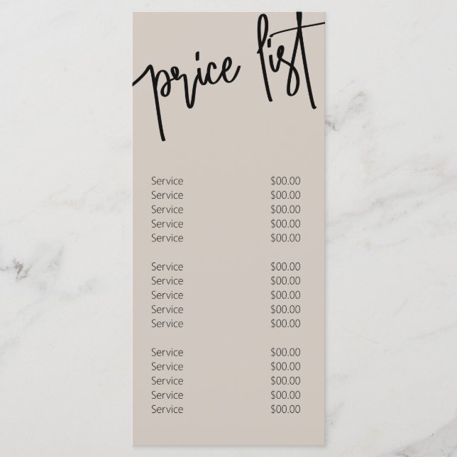 Modern Nails Salon Beige Price List Services Menu (Front)