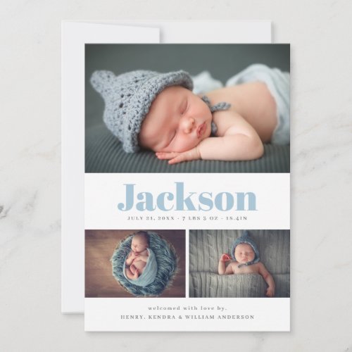 Modern Name 3 Photo Collage Birth Announcement