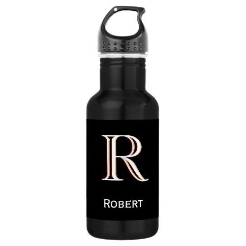 Modern Name and Monogram Black Stainless Steel Water Bottle