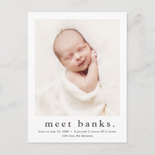 Modern Name Baby Photo Birth Announcement Postcard