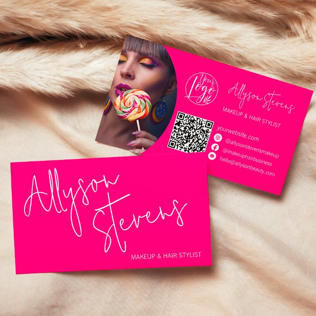 Modern name bold pink script makeup hair logo qr business card (Modern name bold pink script makeup hair logo qr business card)