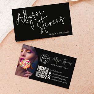 Modern name bold script makeup hair logo qr black business card