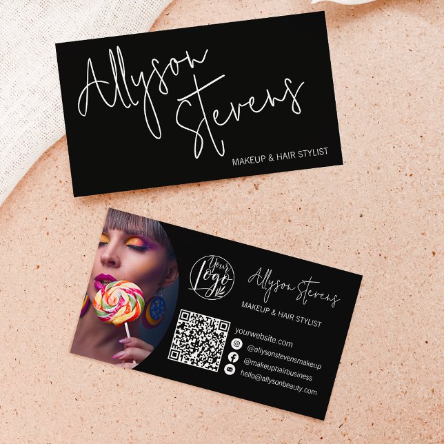 Modern name bold script makeup hair logo qr black business card (Creator Uploaded)