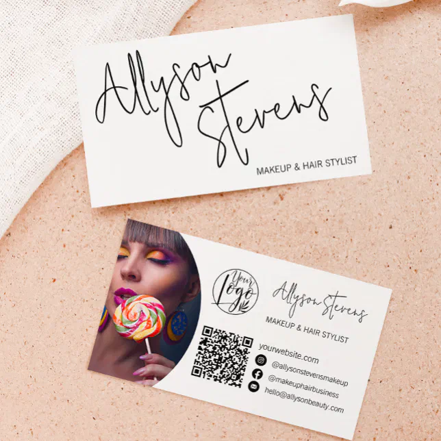 Marked Script Makeup Modern name bold script makeup hair logo qr code business card | Zazzle