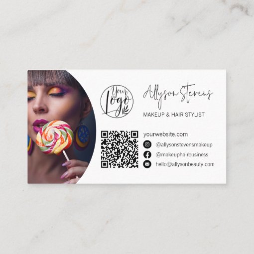 Modern name bold script makeup hair logo qr code business card Zazzle