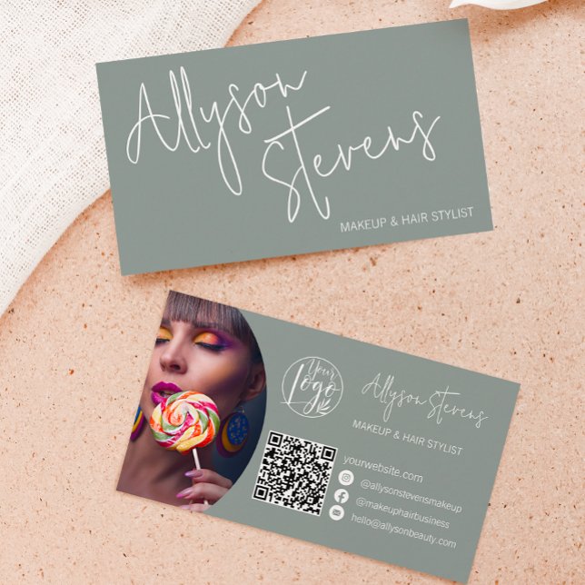 Modern name bold script makeup hair logo qr green business card (Creator Uploaded)