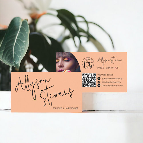 Modern name bold script makeup hair logo qr peach business card