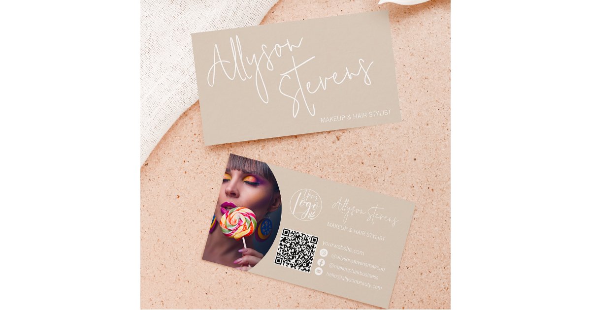 Marked Script Makeup Modern name bold script makeup hair logo qr tan business card | Zazzle
