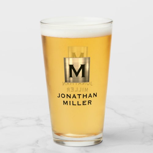 Modern Name Brushed Metal Monogram Beer Glass