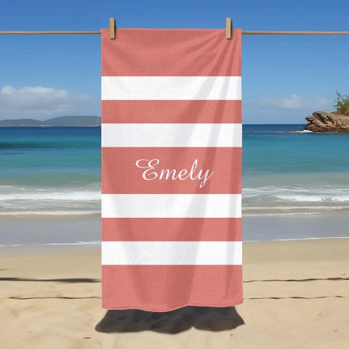 Modern Name Coral Pink Striped Pool  Beach Towel