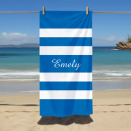 Modern Name French Blue Striped Pool Beach Towel
