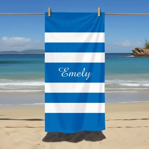 Modern Name French Blue Striped Pool  Beach Towel