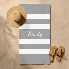 Modern Name Gray Striped Pool  Beach Towel